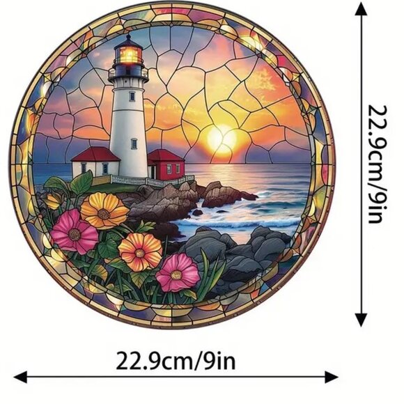 Lighthouse Suncatcher Ocean Sea Sunset Flowers Crackle Colorful Window Lake NEW - Picture 2 of 3